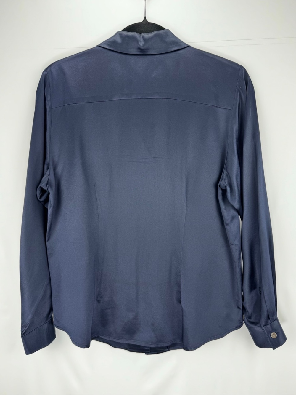 100% Silk Navy Blue Button-Front Long Sleeve Blouse - Picture 10 of 16